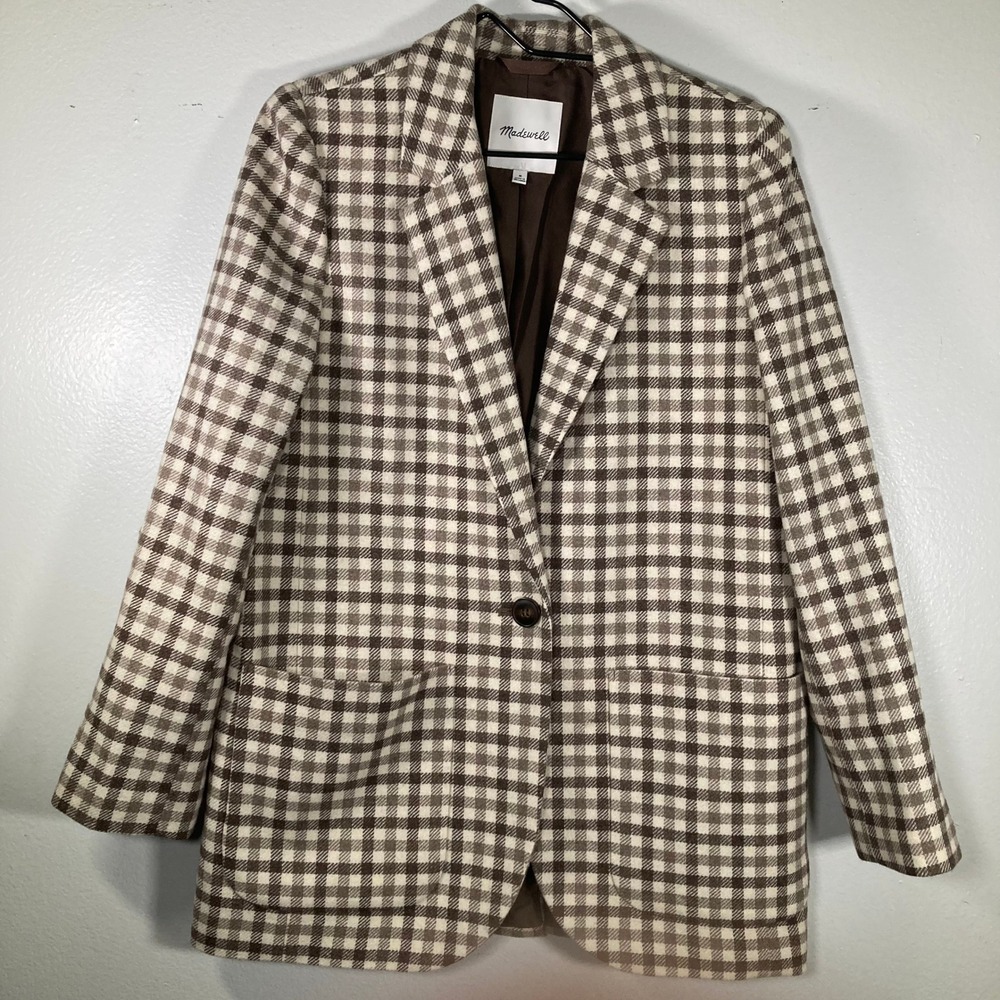 Madewell Larsen Blazer Brown Gingham Check Wool Blend Jacket NC575 Womens Medium